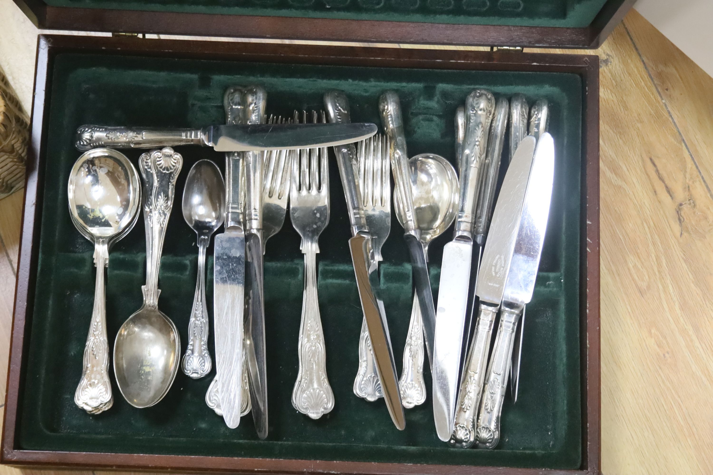 A cased part canteen of silver plated cutlery and a quantity of miscellaneous plated cutlery including two cased sets.